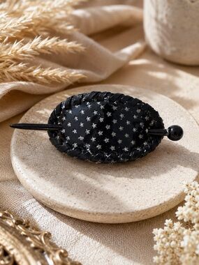 Black faux leather slide hair Stick Clip pin barrette.